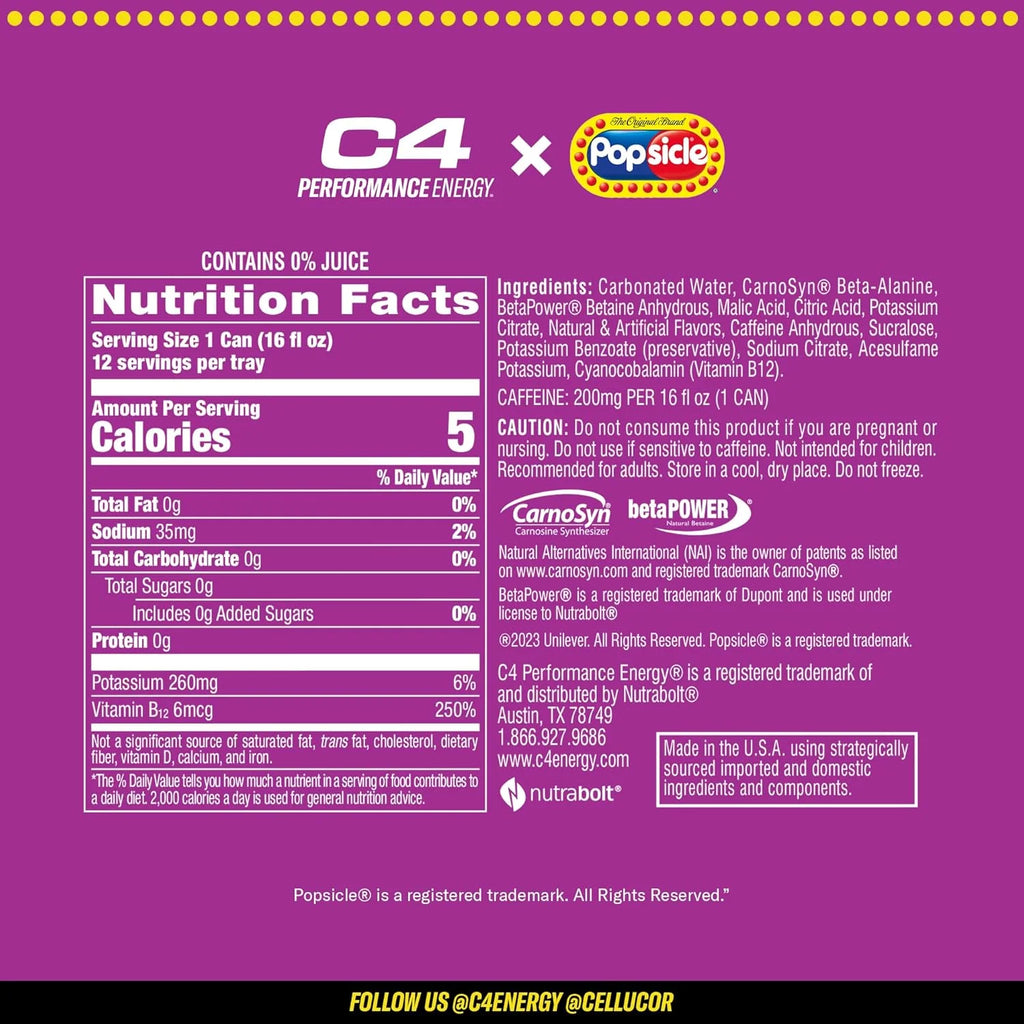 Cellucor C4 Energy Drink 16 oz 12 Pack POPSICLE informacion nutricional