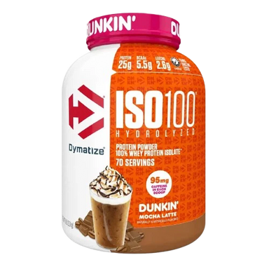 Dymatize Iso 100 Proteina Hidrolizada Dunkin 5 Lbs 2.3Kg 70 Servicios Mocha Latte Portada