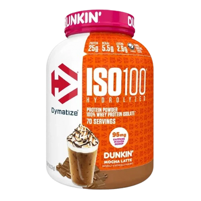 Dymatize Iso 100 Proteina Hidrolizada Dunkin 5 Lbs 2.3Kg 70 Servicios Mocha Latte Portada