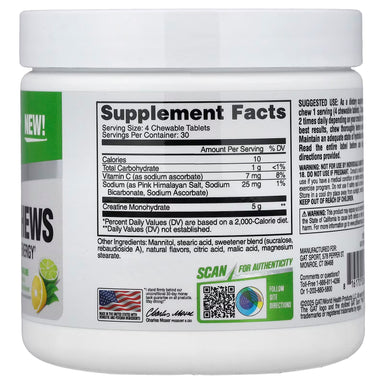 GAT Sport Creatina Chews 30 Servicios Informacion nutricional