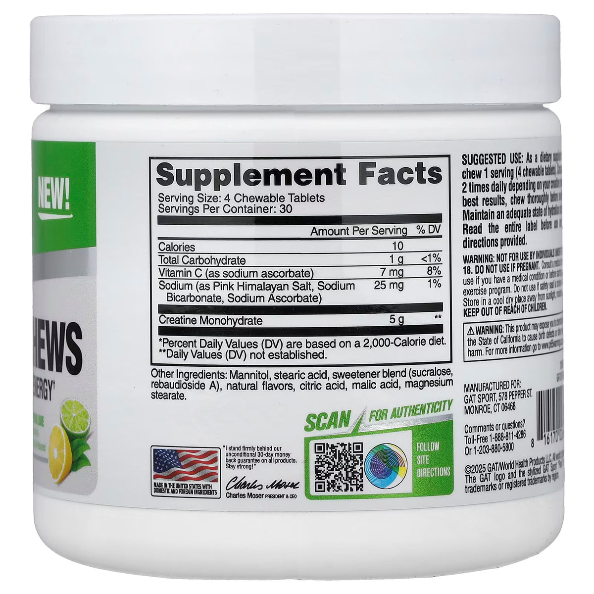 GAT Sport Creatina Chews 30 Servicios Informacion nutricional