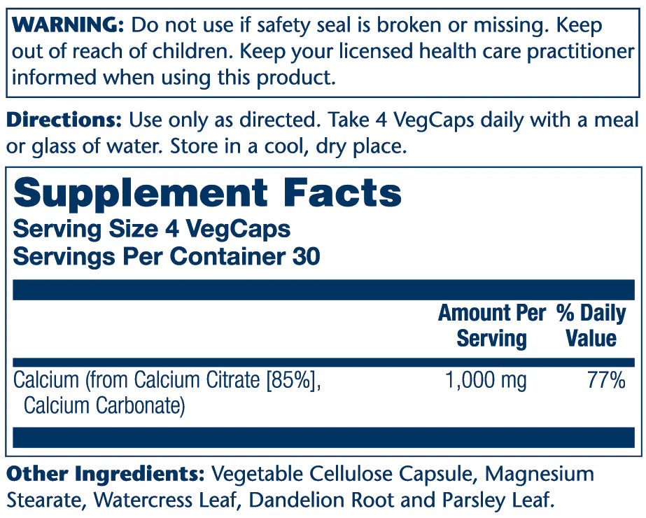 Solaray Citrato de Calcio 1000mg 120 Capsulas Vegetales Informacion nutricional