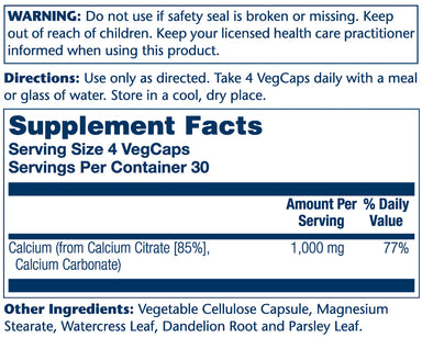 Solaray Citrato de Calcio 1000mg 120 Capsulas Vegetales Informacion nutricional
