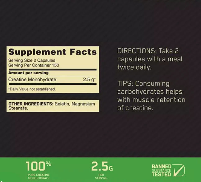 Optimum Nutrition Creatina Micronizada 300 Capsulas 150 servicios informacion nutricional