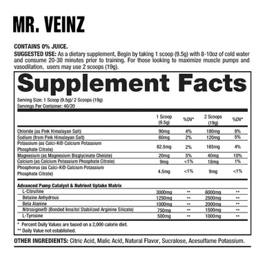 Dragon Pharma Mr. Veinz Pre Entreno 40 Porciones informacion nutricional