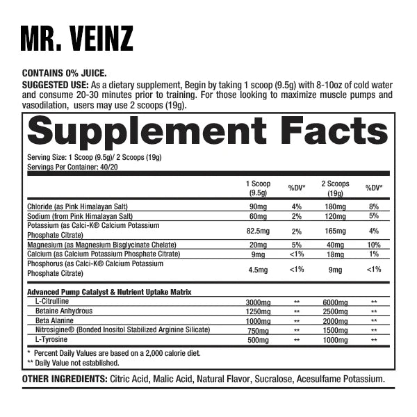 Dragon Pharma Mr. Veinz Pre Entreno 40 Porciones informacion nutricional