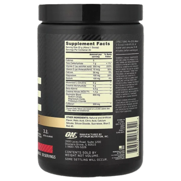 ON Gold Standard Pre Advanced 20 servicios Informacion nutricional