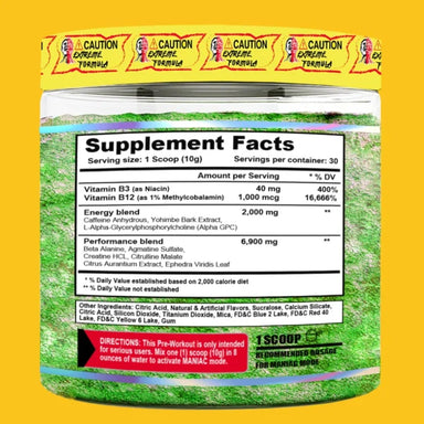 Terror Labz. Maniac Extreme pre workout 30serv Informacion nutricional