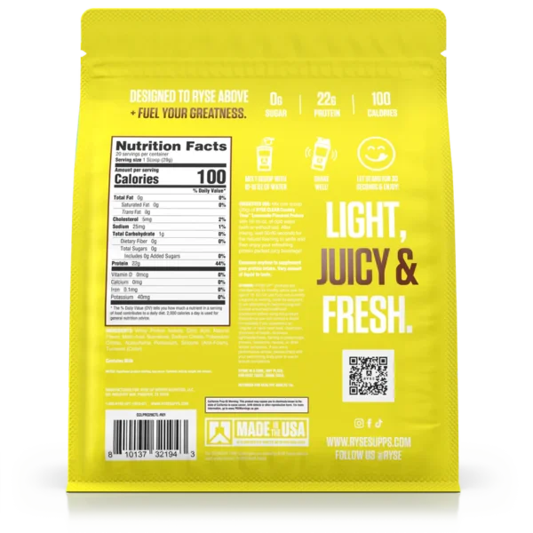 Ryse Clear Protein 580gr 20 Servicios Country Time Lemonade Informacion nutricional
