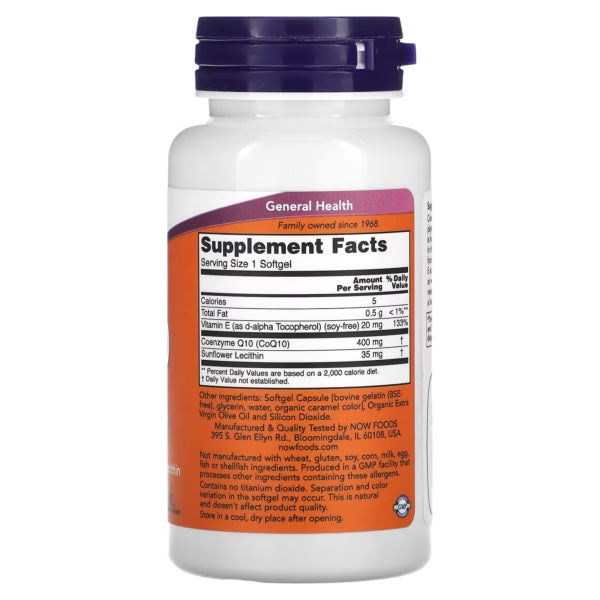 Now Foods CoQ10 400 Mg 30 Softgels ‌Informacion nutricional