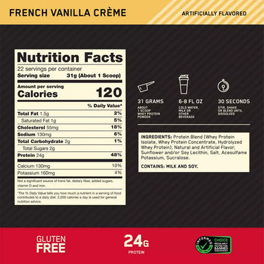 Optimum Nutrition Proteina Gold Standard 100% Whey 1.5 Lbs informacion nutricional
