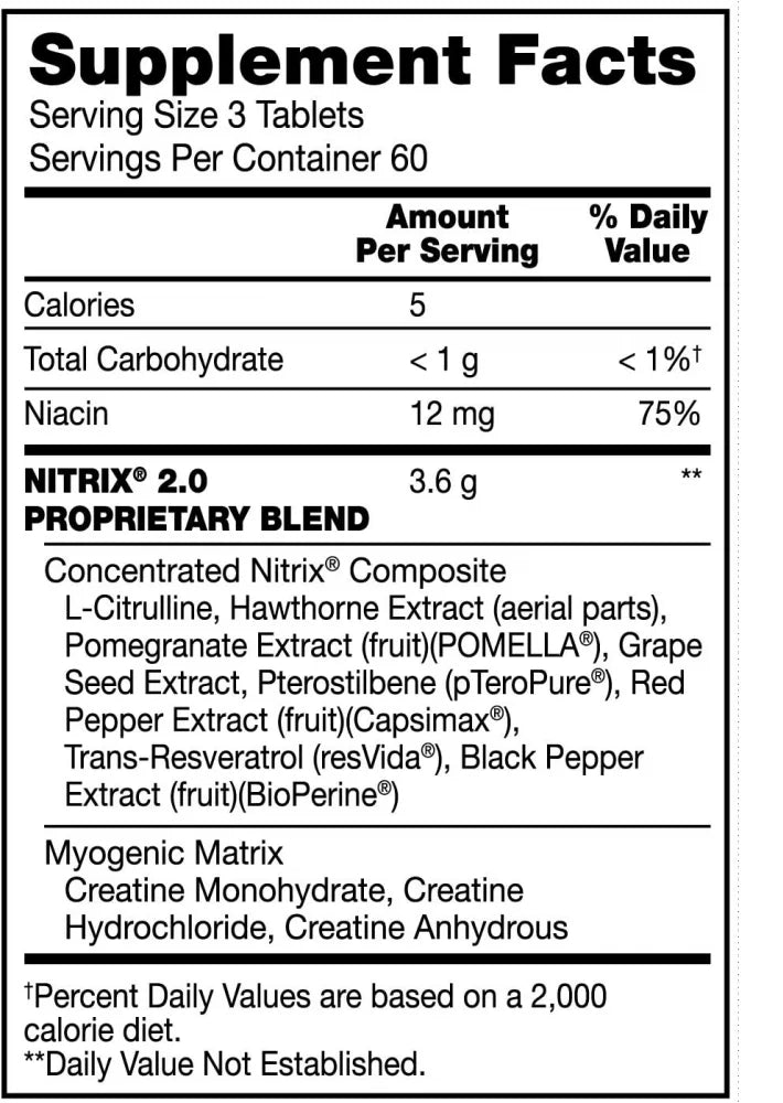 BSN Nitrix 2.0 180 Tabletas informacion nutricional