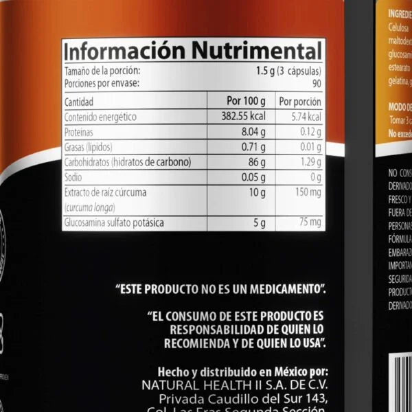 Natural Health Cúrcuma + Glucosamina 270 capsulas 500mg c/u Informacion nutricional