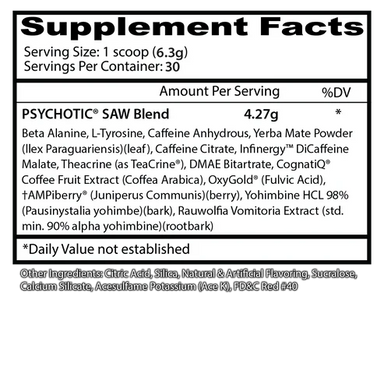 Insane Labz Psychotic Saw Pre Entreno 60 Servicios Informacion nutricional