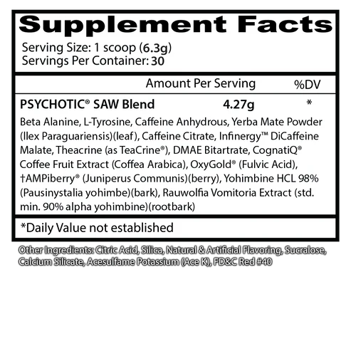 Insane Labz Psychotic Saw Pre Entreno 60 Servicios Informacion nutricional