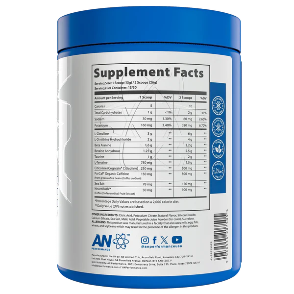 AN Pre Entreno 390gr 30 Servicios Sabor Fruit Punch Informacion nutricional