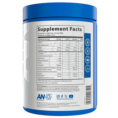 AN Pre Entreno 390gr 30 Servicios Sabor Fruit Punch Informacion nutricional