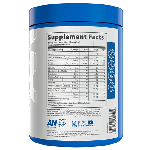AN Pre Entreno 390gr 30 Servicios Sabor Fruit Punch Informacion nutricional
