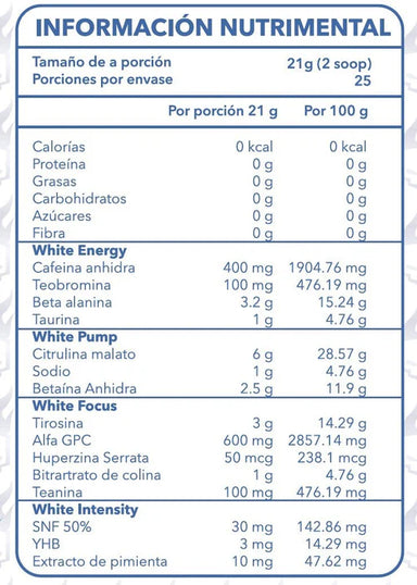 Essentials White Blood By White Bluq Pre Entreno 1.1 Lbs 25 Servicios Informacion nutricional