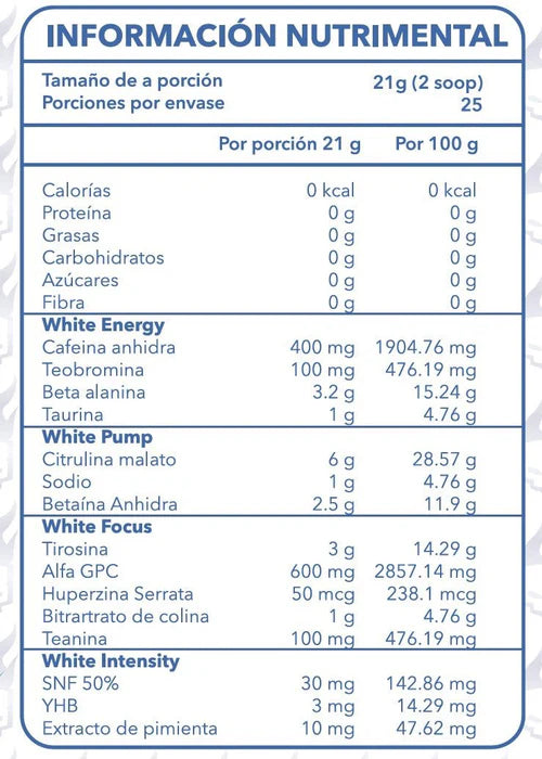 Essentials White Blood By White Bluq Pre Entreno 1.1 Lbs 25 Servicios Informacion nutricional