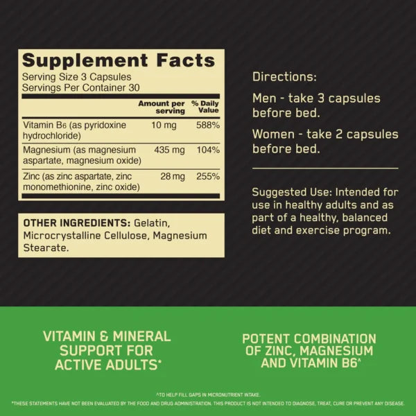 Optimum Nutrition ZMA 90 Capsulas 30 Servicios Informacion Nutricional