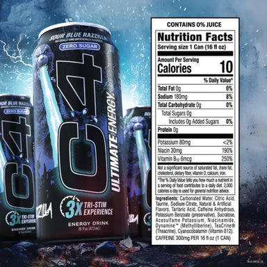 Cellucor C4 Ultimate Godzilla 16oz (12 pack) Sour Blue Razzilla Informacion nutricional