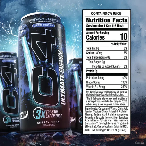 Cellucor C4 Ultimate Godzilla 16oz (12 pack) Sour Blue Razzilla Informacion nutricional
