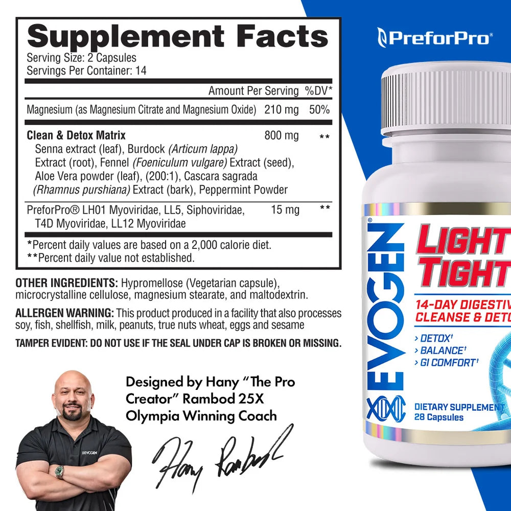 Evogen Light & Tight 28 Capsulas. Limpieza y desintoxicación digestiva de 14 días informacion nutricional