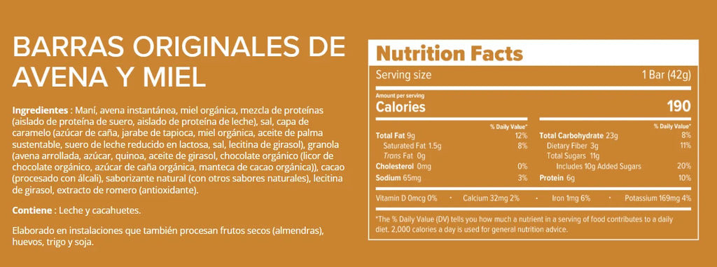 Honey Stinger Barra De Proteina 12 pz informacion nutricional