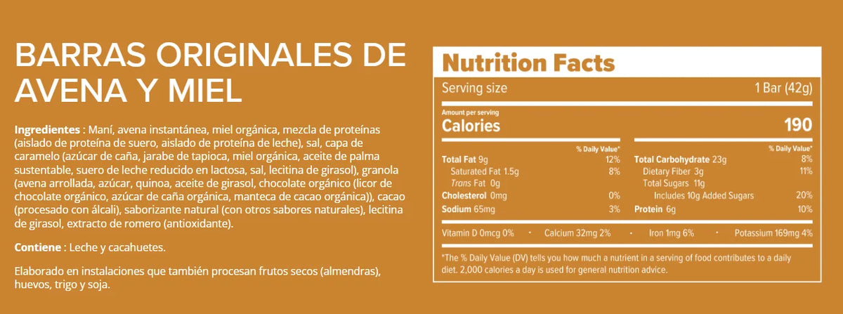 Honey Stinger Barra De Proteina 12 pz informacion nutricional