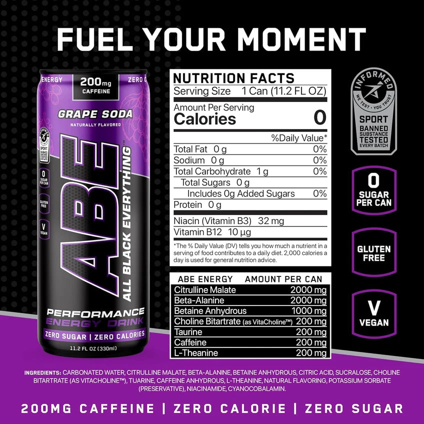 AN ABE Energy Drink + Performance 11.2 Oz 12 Pack Informacion nutricional