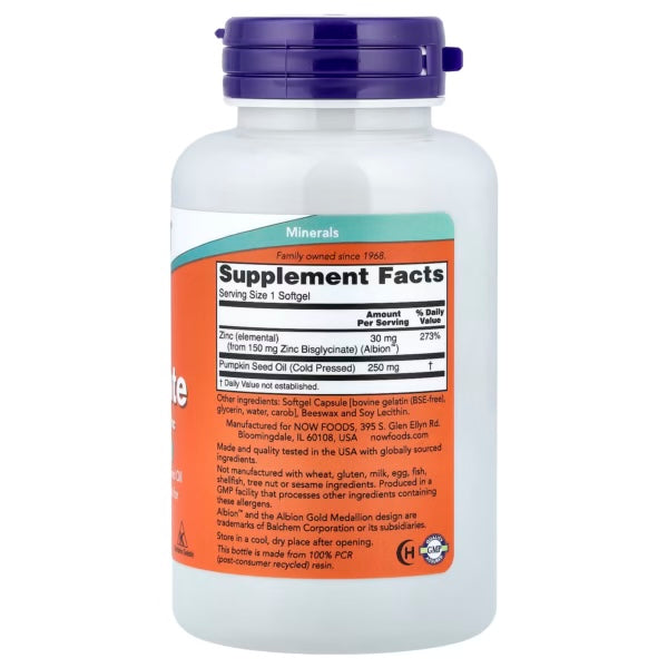 Now Foods Zinc Glycinate 120 Softgels Informacion nutricional