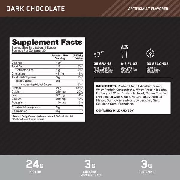 Optimum Nutrition Proteina Platinum Rebuild 1.67 libras informacion nuricional