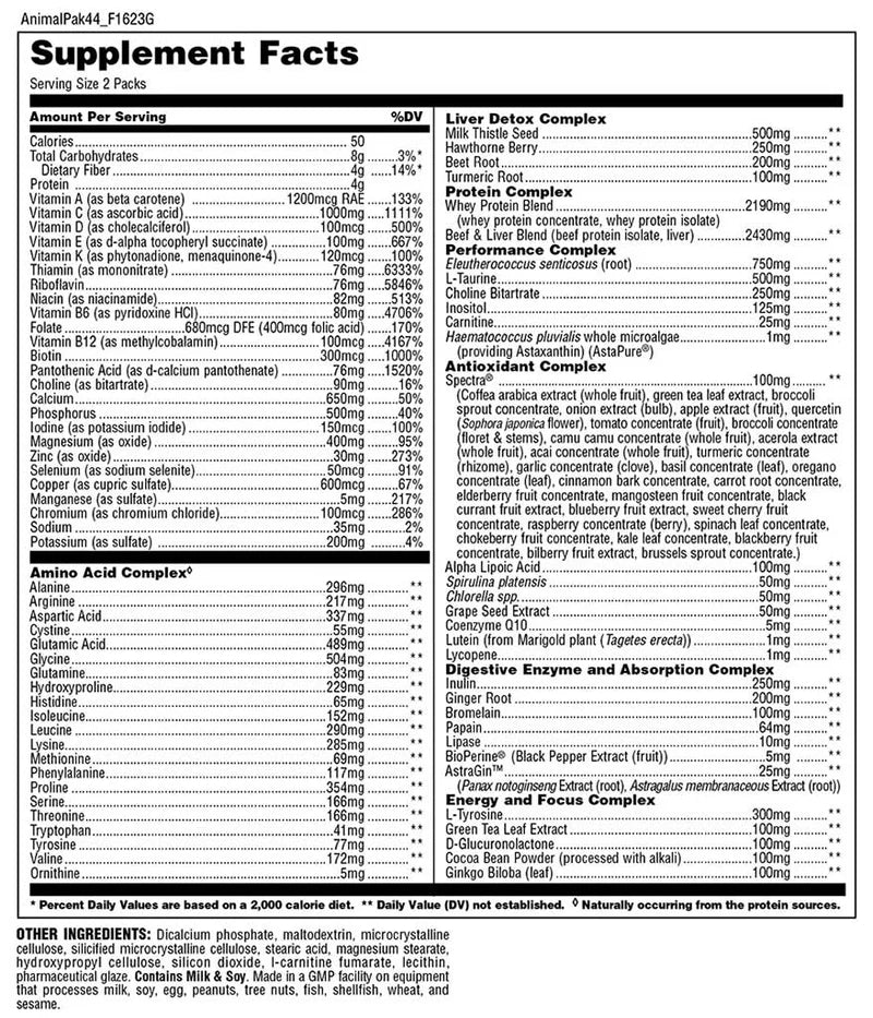 Universal Animal Pak 30 pack Multivitaminico informacion nutricional