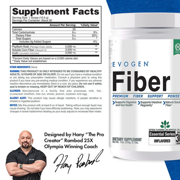 Evogen Fiber Polvo de Fibra Premium 30 Servicios Informacion nutricional