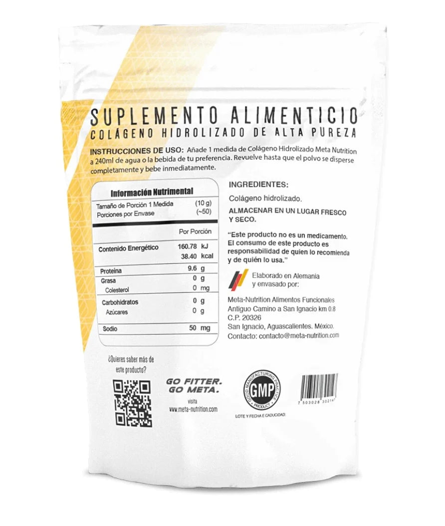 Meta Nutrition Colágeno Hydrolizado 50 Servicios 500gr informacion nutricional