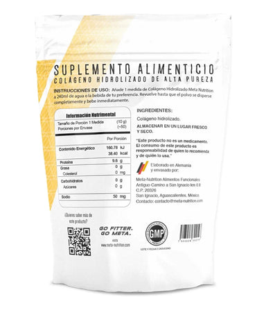 Meta Nutrition Colágeno Hydrolizado 50 Servicios 500gr informacion nutricional
