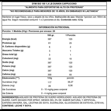 Dymatize Proteina Iso 100 1.4 Lbs Dunkin Informacion Nutricional