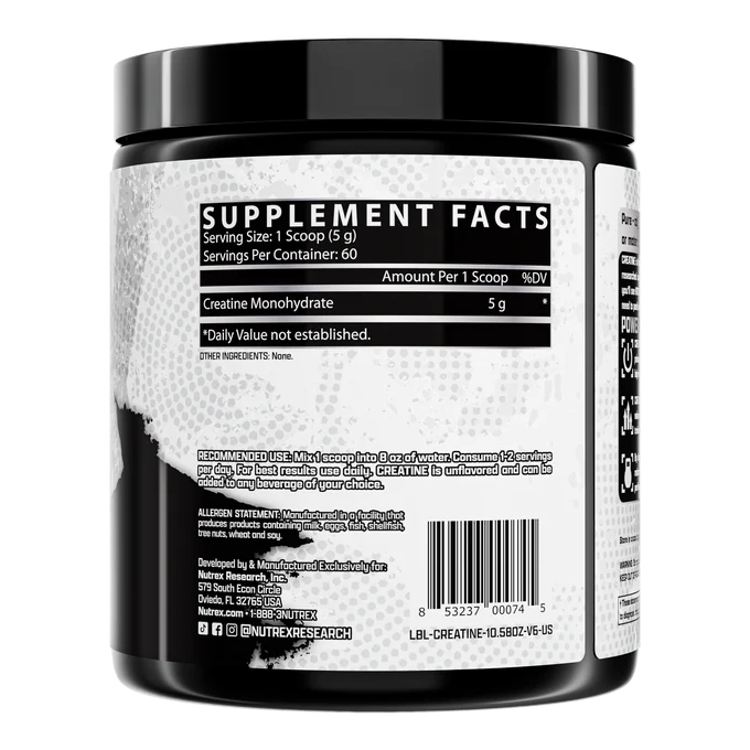 Nutrex Creatina Monohidratada Drive Black 60 servicios informacion nutricional