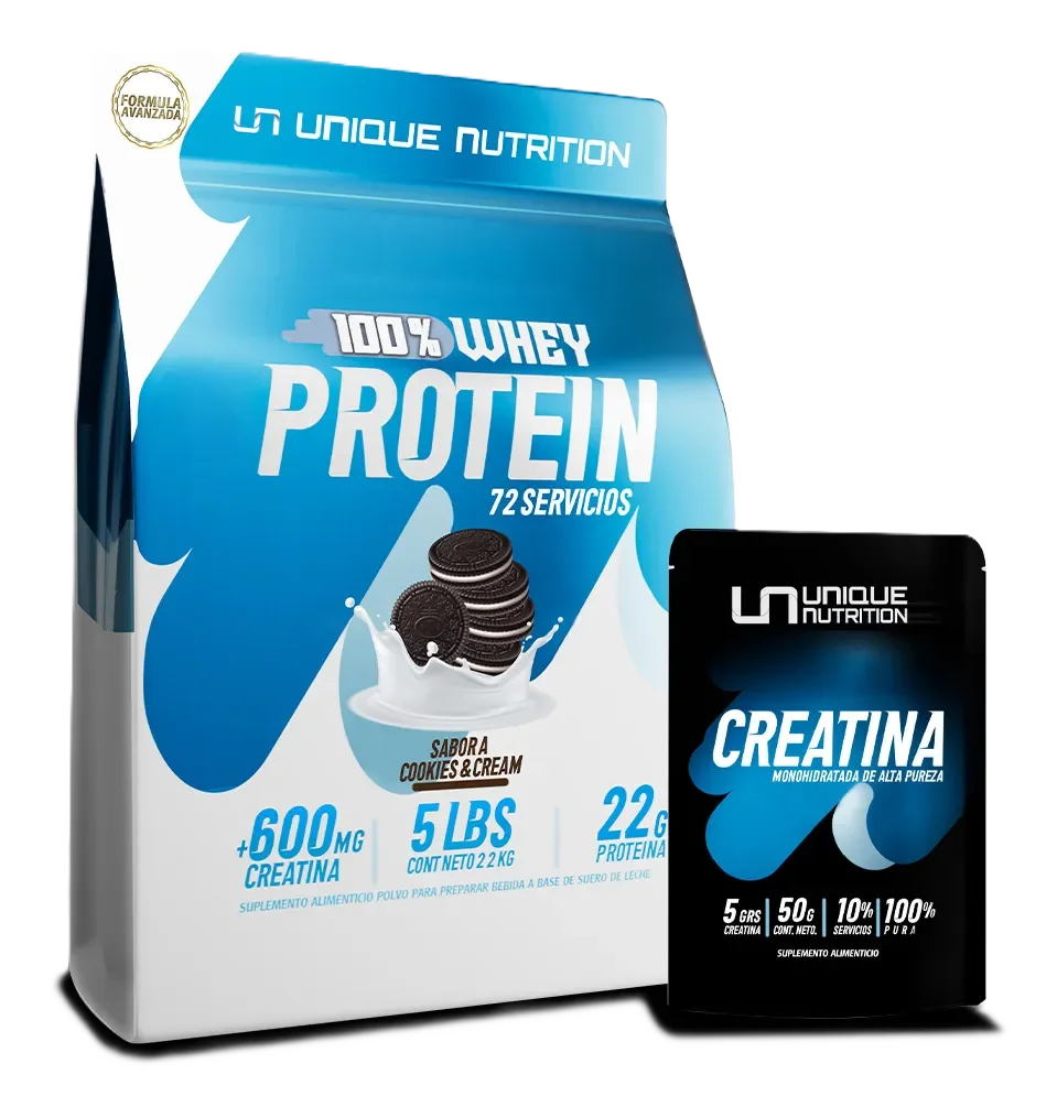 Unique Nutrition whey Protein 5lb + Creatina Monohidratada 50gr Cookies and Cream
