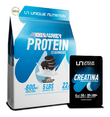 Unique Nutrition whey Protein 5lb + Creatina Monohidratada 50gr Cookies and Cream