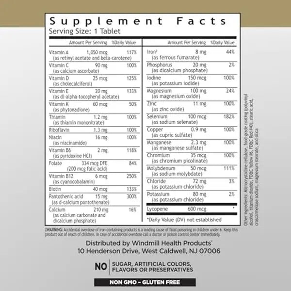 Windmill Men´s Multi with Vitamin D3 180 Tabs Informacion nutricional