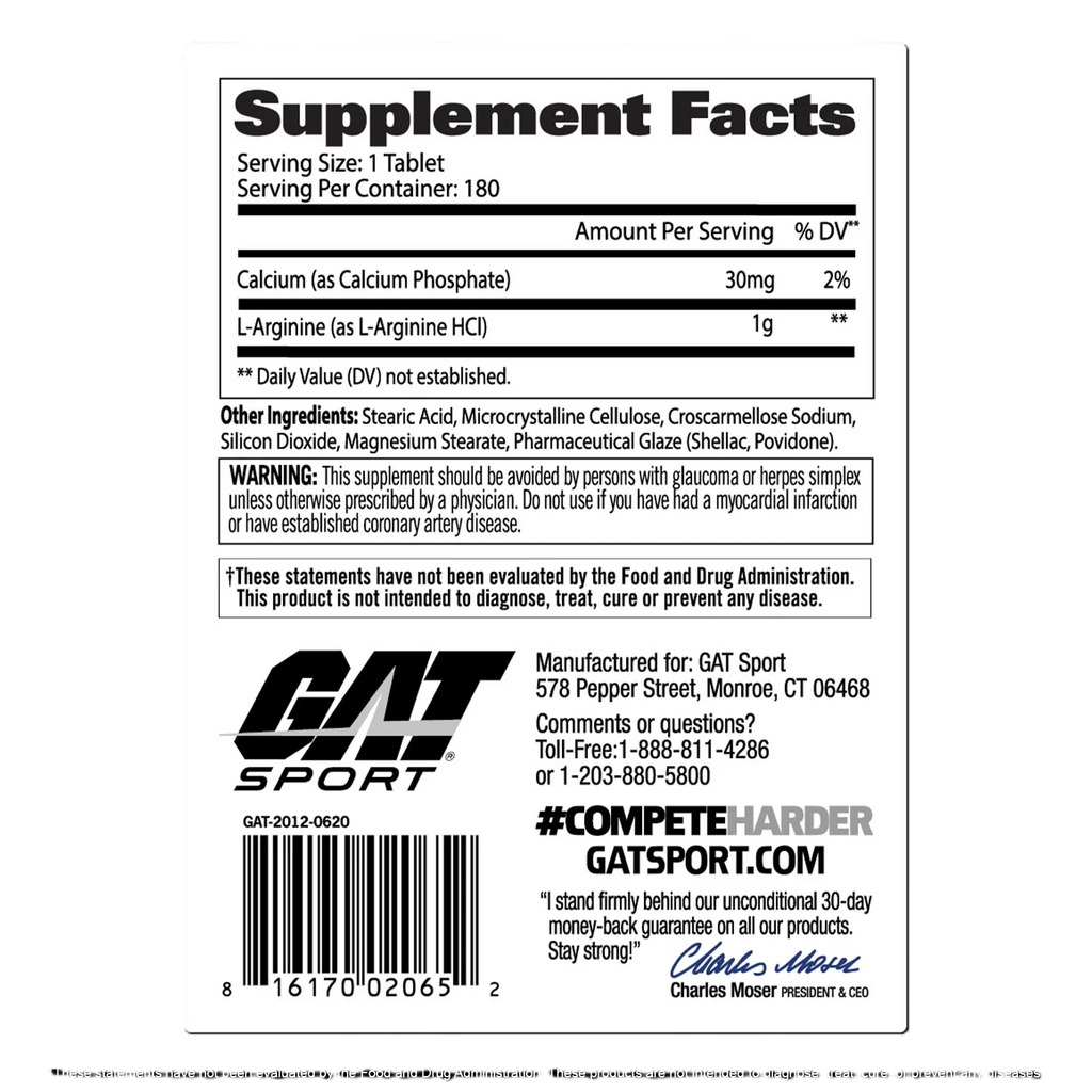 GAT Sport L-Arginina 180 Tabletas Informacion Nutricional