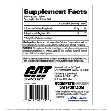 GAT Sport L-Arginina 180 Tabletas Informacion Nutricional