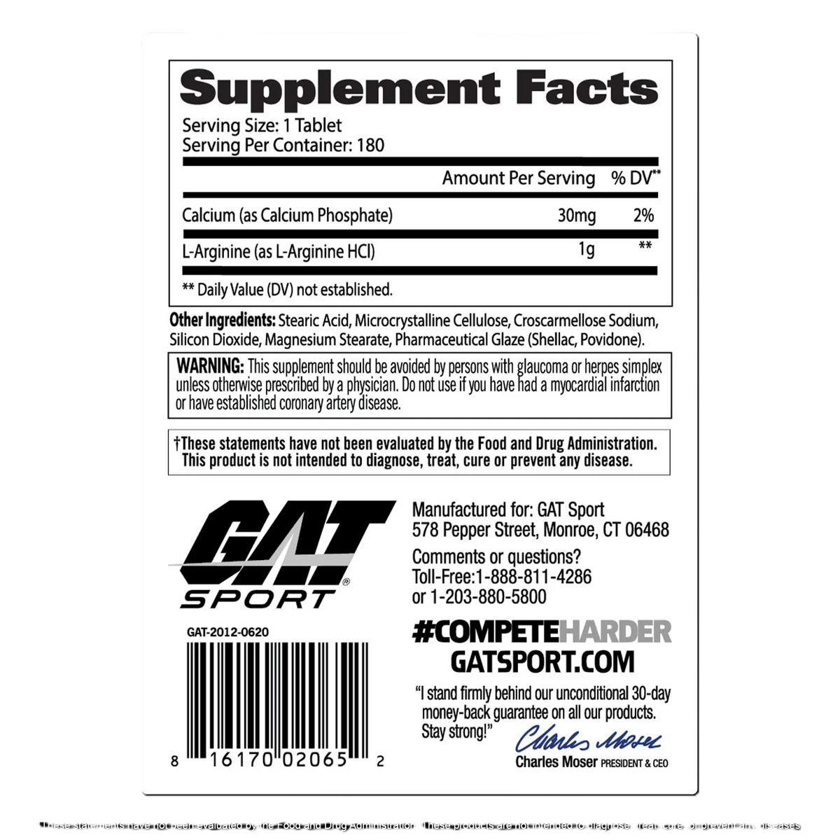 GAT Sport L-Arginina 180 Tabletas Informacion Nutricional