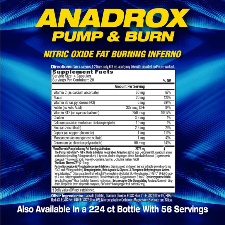 MHP Anadrox Pump & Burn 224 capsulas informacion nutricional