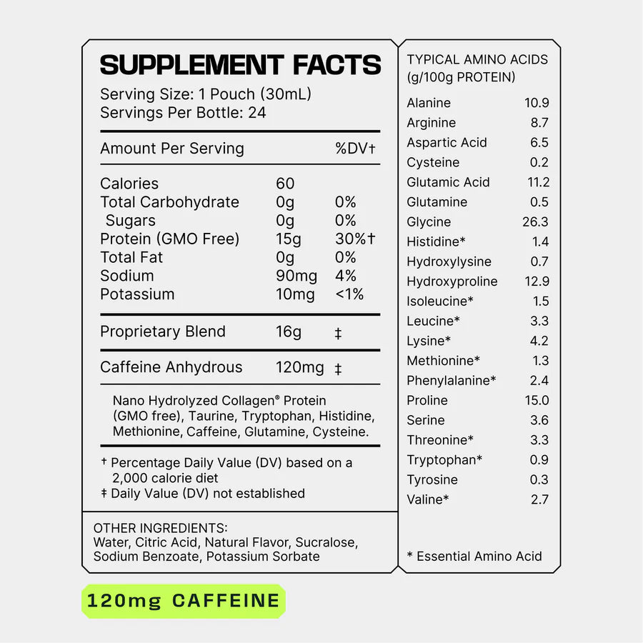 Frog Fuel Power Energized Caffeinated Collagen Protein Drink 24 shots Berry Flavor Informacion nutricional