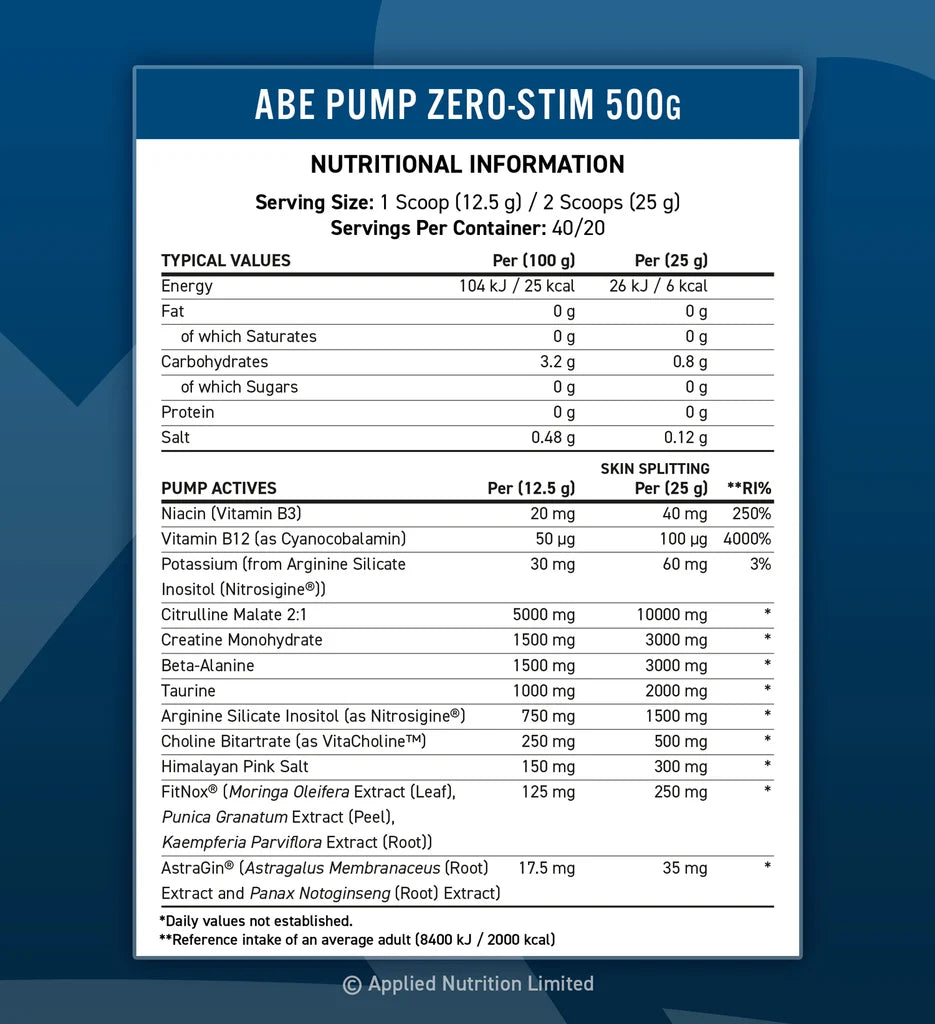AN ABE Non Stim PUMP Pre Entreno 40 Servicios informacion nutricional