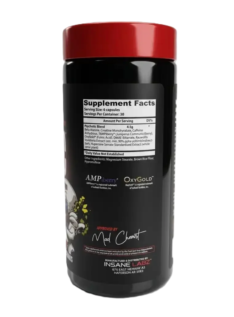 Insane Labz Psychotic Blend Pre Entreno 180 Capsulas 30 Servicios Informacion nutricional