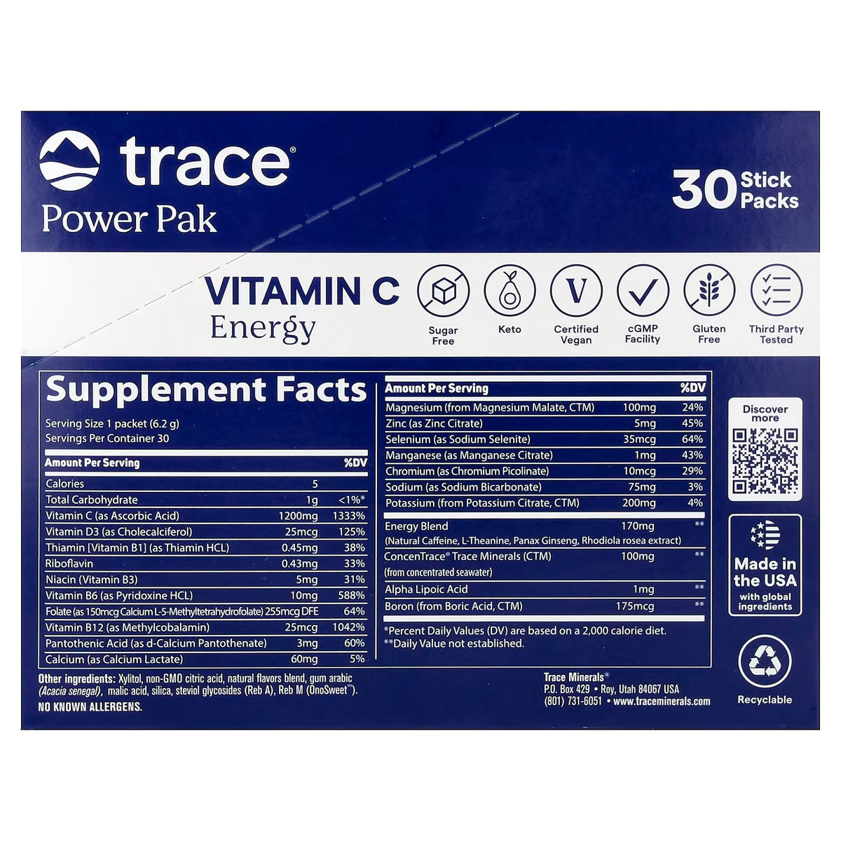 Trace Minerals Power Pak Vitamina C Energy 30 Sobres Informacion nutricional